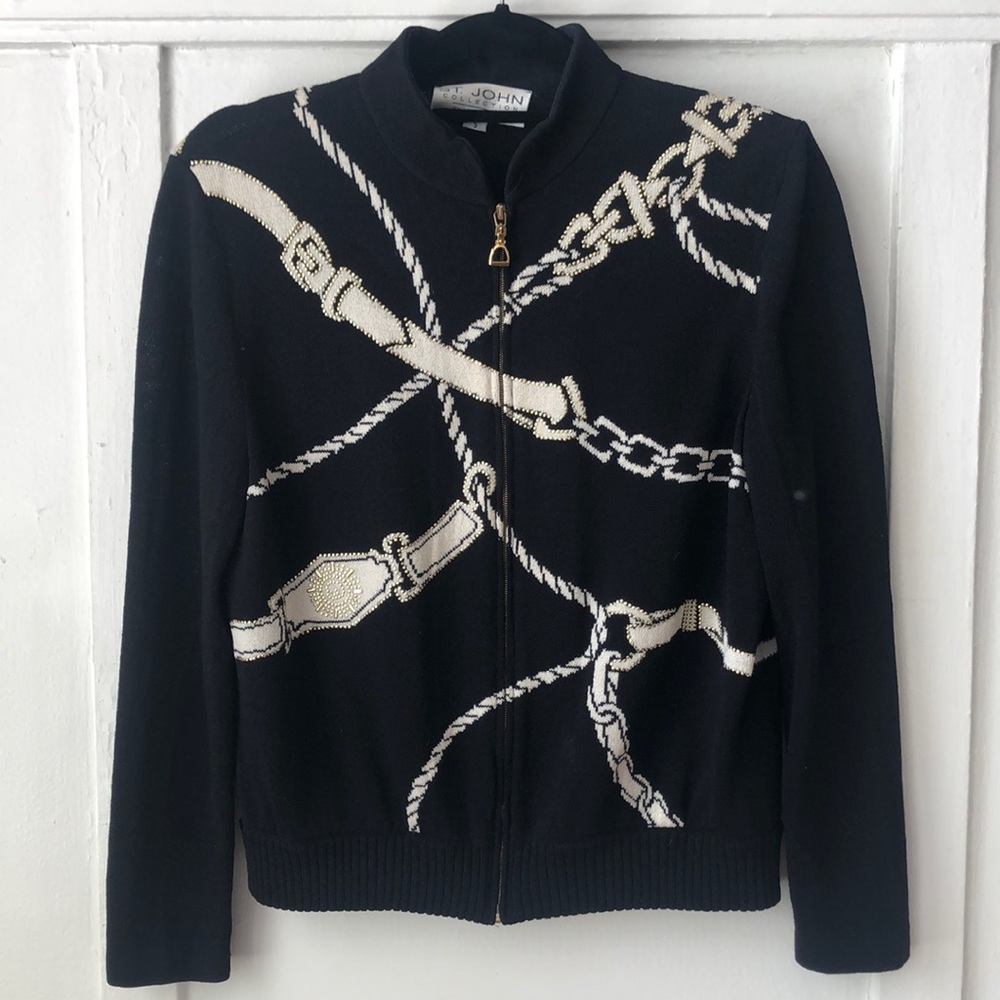 ST JOHN Collection by Marie Gray Belt and Chain Zip Up Knit Sweater Sz S
